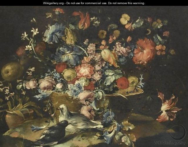 A Still With Various Flowers In A Basket, Together With Two Doves In Landscape - Francesco Guardi