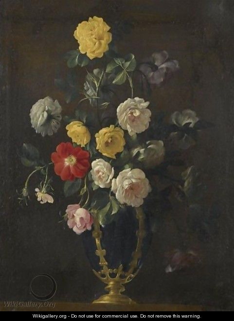 A Still Life With Roses And Various Other Flowers In A Vase - (after) Jean Picart