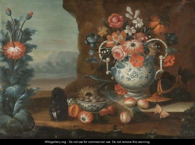 A Still Life With Various Flowers In A Porcelain Vase, Together With Various Fruits, A Squirrel And A Butterfly In A Landscape - German School