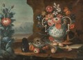 A Still Life With Various Flowers In A Porcelain Vase, Together With Various Fruits, A Squirrel And A Butterfly In A Landscape - German School