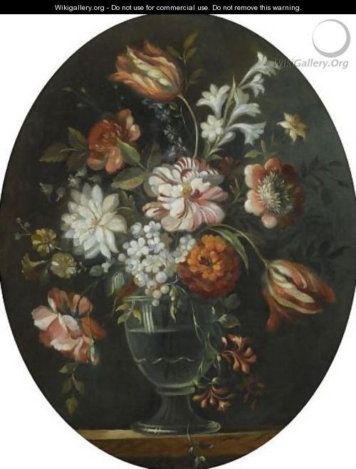 A Still Life With A Bouquet Of Flowers In A Glass Vase - Dutch School