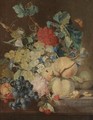 A Still Life With Peaches, Grapes, Raspberries Together With Various Flowers On A Stone Ledge - (after) Jan Van Os