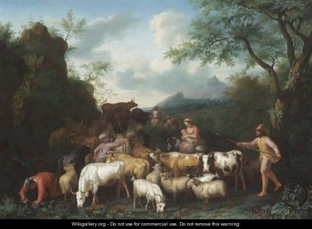 A Mountainous Landscape With Herdsmen And Their Cattle Near A Stream - Jan van Gool