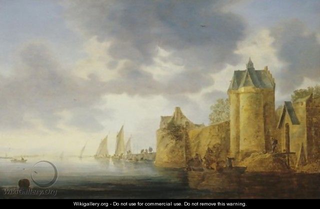 A River Landscape With Fishermen Lobster Potting, Further Figures On A Quay Beyond - (after) Jan Van Goyen