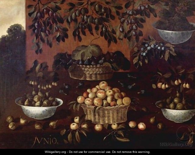 Still Life Of Apples, Plums, Figs And Blackberries In Wicker Baskets And Porcelain Bowls - Francisco Barrera