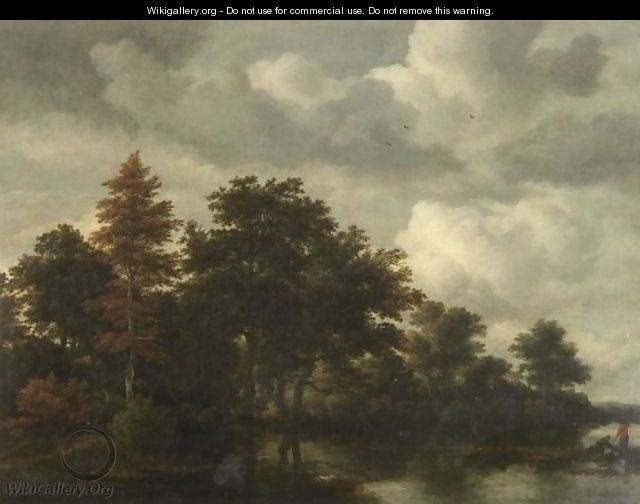 A Wooded Landscape With Figures By A River - Jacob Van Ruisdael