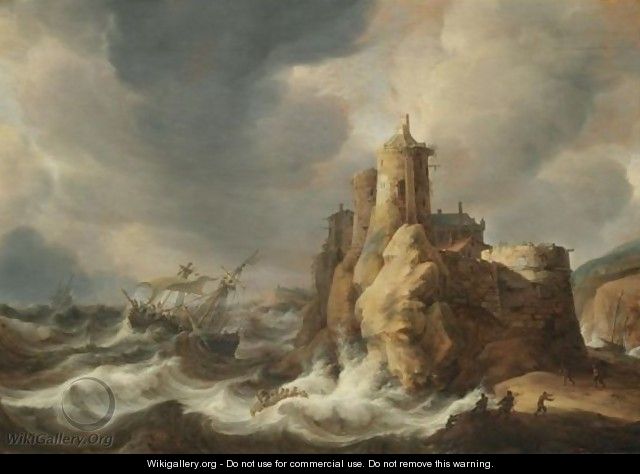 Shipping In A Storm Beneath A Clifftop Castle - Jan Abrahamsz. Beerstraaten