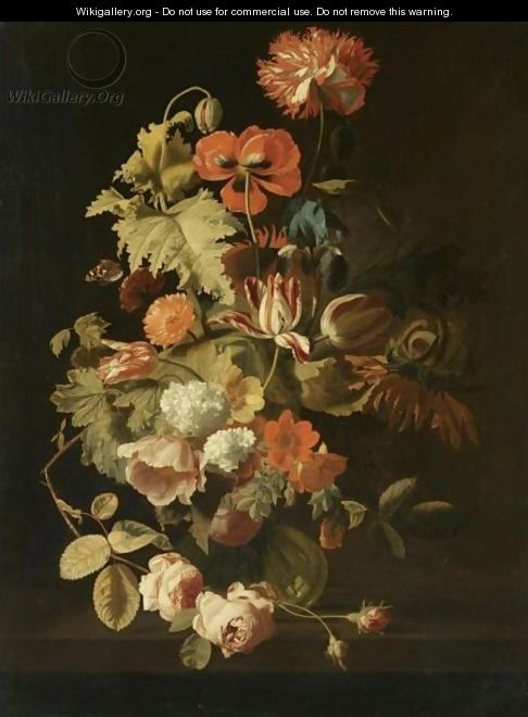 Still Life With A Bouquet Of Flowers Including A Parrot Tulip, Roses And An Iris - Simon Pietersz. Verelst