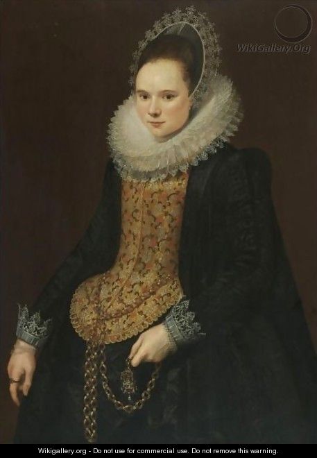 Portrait Of A Lady, Three Quarter Length, In An Embroidered Mill Ruff, A Black Dress And A Bonnet - Cornelis van der Voort