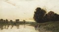River Scene At Sunset With Washer Women - Hippolyte Camille Delpy