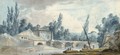 A Landscape With A Castle By A Bridge And Figures And Fishermen By A River - Louis-Gabriel Moreau the Elder
