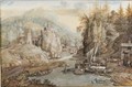 A Mountainous River Landscape With Boats Being Unloaded, A Hill-Top Church And A Village In The Distance - Gerrit Van Battem