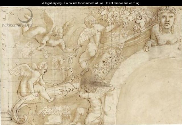 Putti Playing With Vines And A Cornucopia, A Sphinx Above An Arch To The Right - Giulio Pippi (Giulio Romano)