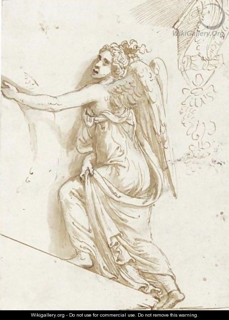 A Winged Female Figure Holding A Wreath - Giulio Pippi (Giulio Romano)