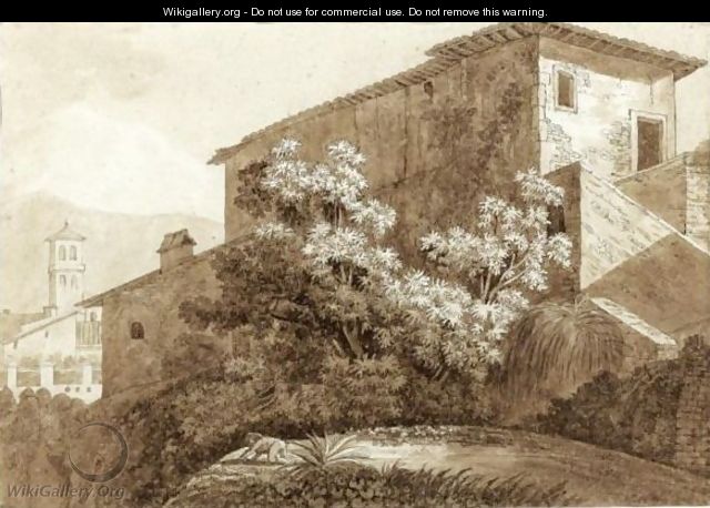 View Of An Italian Villa, With A Man Gardening In The Foreground - Friedrich Salathe