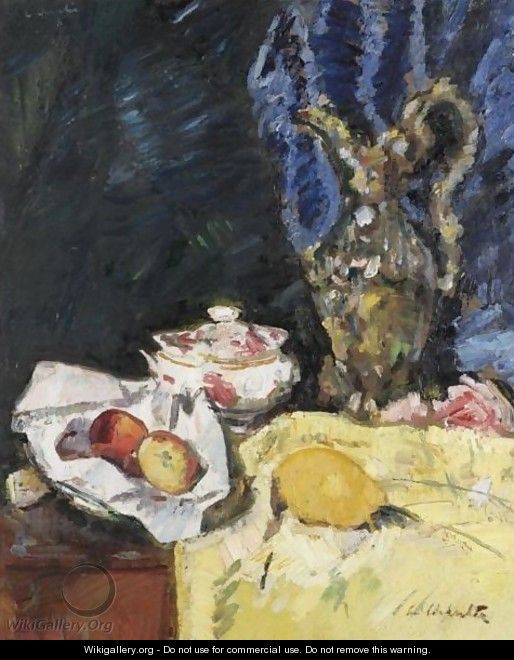 Still Life With Fruit, A Ewer And An Ecuelle On A Yellow Drape - George Leslie Hunter