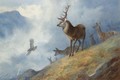 Red Deer Watching A Golden Eagle Hunt Ptarmigan - Archibald Thorburn