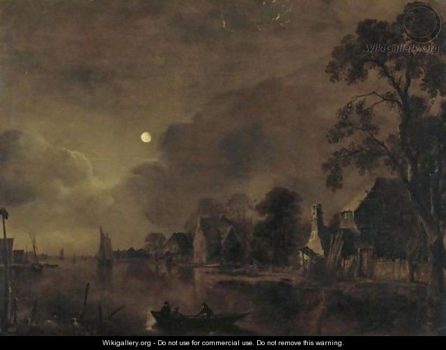 A Moonlit Landscape With Two Men On A Raft In The Foreground - Aert van der Neer