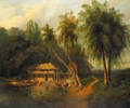 An Exotic Landscape View With Straw Huts And Palm Trees - French-Colonial School