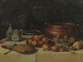 Still Life Of Fruit, A Pie, A Large Copper Pot, A Blue And White Porcelain Pitcher And Vase And Other Objects, All On A Table - Jan van Kessel