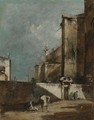 Architectural Capriccio With Figures By The Walled Garden Of A Gothic Church - Francesco Guardi