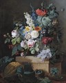 An Elaborate Still Life Of Flowers In A Glass Vase Resting On An Alabaster Pedestal With A Bird Nest And A Melon Below - Pierre-Joseph Redouté