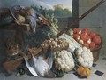 A Still Life Of Game With A Musket, Baskets Of Apples And Mushrooms, A Bunch Of Celery, Two Cauliflowers And A Cat - Alexandre-Francois Desportes