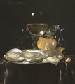 Still Life With A Roemer, A Carafe Of Vinegar, A Glass Tazza, A Bread Roll And Oysters On A Silver Plate On A Draped Table Top - Willem Van Aelst