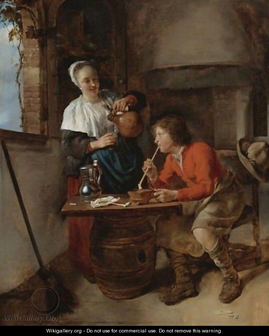 Young Woman Pouring Beer And A Young Man Smoking In An Interior - Gabriel Metsu