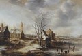 A Winter Landscape, Possibly Amerongen, With Skaters On A Frozen River And Figures Entering A Church To The Left - Jan Abrahamsz. Beerstraten