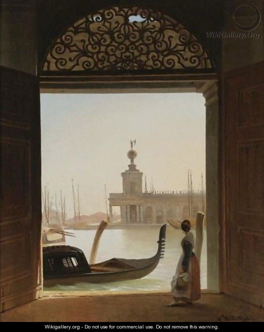 Venice, A View Of The Dogana Seen Through A Large Doorway - Charles Auguste van den Berghe