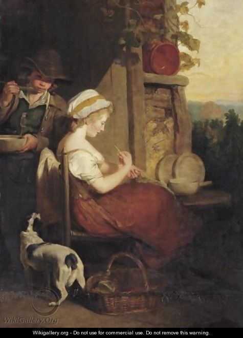 A Young Lady Seated Outside A Cottage Mending A Net, With A Young Boy Behind Eating From A Bowl, The Industrious Cottager - Francis Wheatley