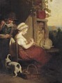 A Young Lady Seated Outside A Cottage Mending A Net, With A Young Boy Behind Eating From A Bowl, The Industrious Cottager - Francis Wheatley