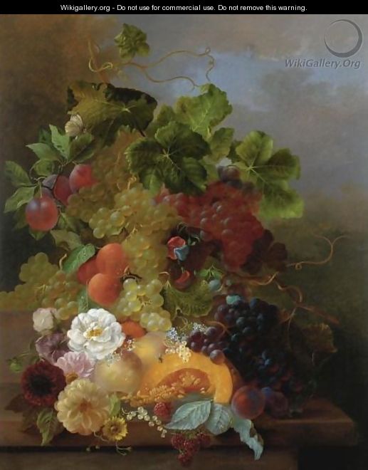 Still Life Of Fruit With Dahlias And Roses - Jan Van Der Waarden