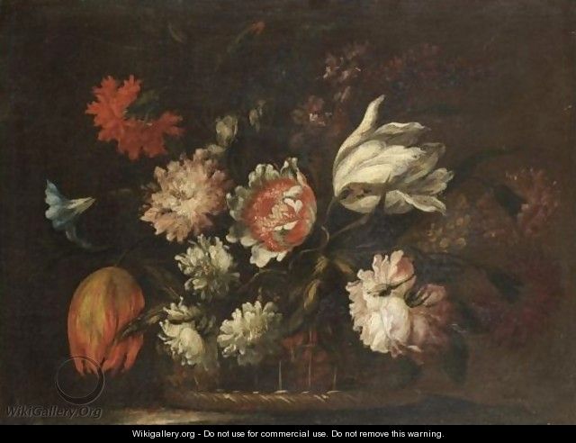 A Still Life With Tulips, Morning Glory And Various Other Flowers In A Basket On A Ledge - (after) Bartolome Perez