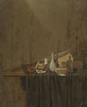 A Still Life With A Pipe, Burning Embers, Tobacco, Books, A Letter, Two Flags, A Jar, A Ceramic Vase - Gerrit Van Vucht