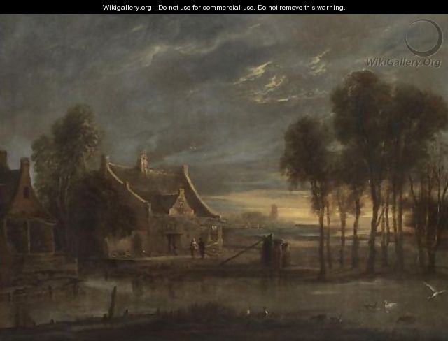 A River Landscape At Sunset With Figures Conversing Before A House - Anthonie van BORSSUM