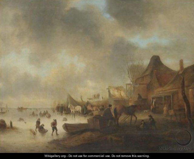 A Winter Landscape With Children Playing On A Frozen River And Travellers Resting With Their Horses - (after) Claes Molenaar (see Molenaer)