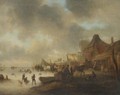 A Winter Landscape With Children Playing On A Frozen River And Travellers Resting With Their Horses - (after) Claes Molenaar (see Molenaer)