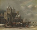 A Winter Landscape With Figures Conversing Outside A Village - Claes Molenaar (see Molenaer)