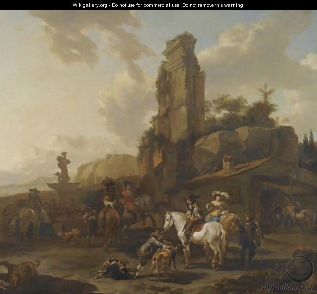 An Italianate Landscape With A Hawking Party Resting By A Fountain - (after) Nicolaes Berchem