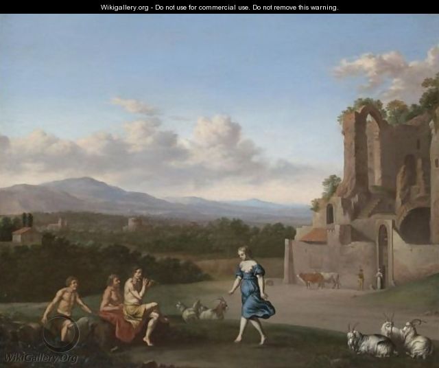 A Pastoral Landscape With A Shepherd Playing The Flute And A Girl Dancing, With Other Shepherds Watching - Daniel Vertangen