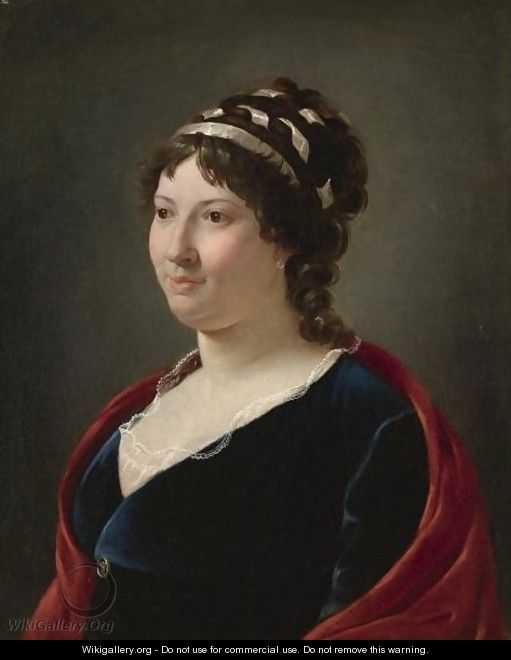 Portrait Of A Lady, Bust Length, Wearing A Blue Dress With White Lace Chemise And A Red Shawl - French School