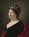 Portrait Of A Lady, Bust Length, Wearing A Blue Dress With White Lace Chemise And A Red Shawl - French School