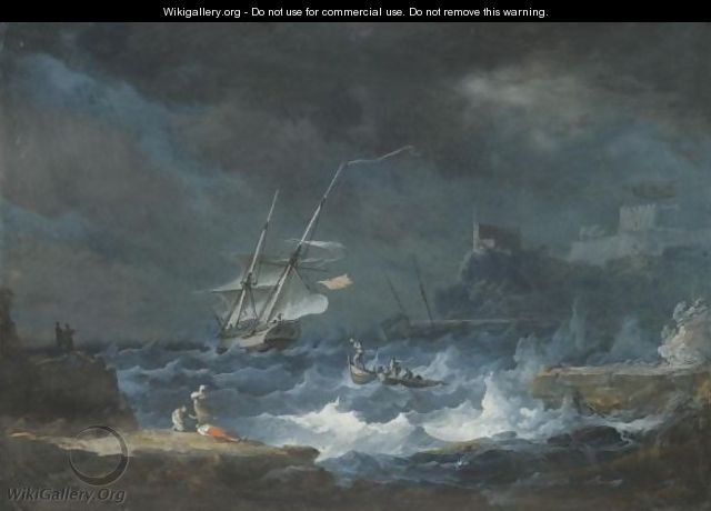A Coastal Scene With Ships Weathering A Storm - Alexandre-Jean Noel