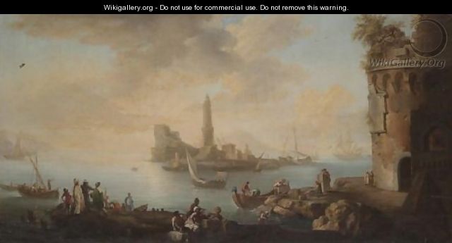 A Mediterranean Harbour Scene With Figures Unloading Freight From Boats And Tradesmen In The Foreground, A Lighthouse Beyond - (after) Claude-Joseph Vernet