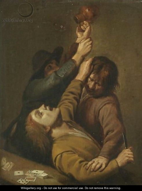 Three Peasants Brawling In A Tavern Interior - (after) Adriaen Brouwer