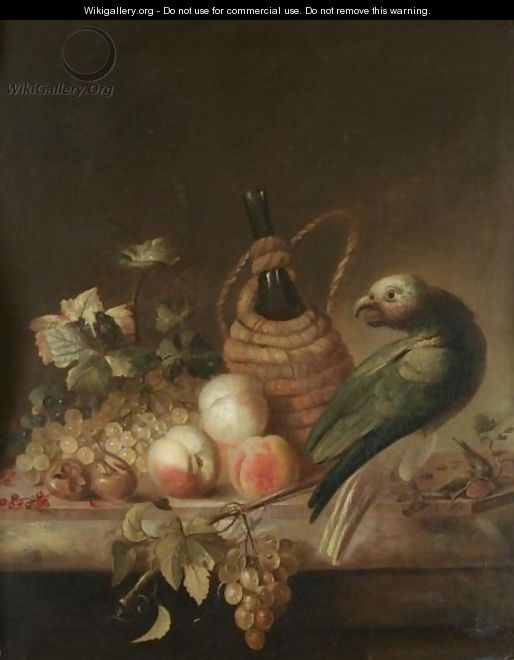 A Still Life With A Parrot, Together With A Flagon Of Wine, A Bunch Of Grapes, Peaches And Redcurrants On A Marble Ledge - Barend or Bernardus van der Meer