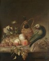 A Still Life With A Parrot, Together With A Flagon Of Wine, A Bunch Of Grapes, Peaches And Redcurrants On A Marble Ledge - Barend or Bernardus van der Meer