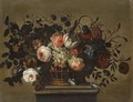 A Flower Still Life With A Tulip, Roses, Bluebells, Daffodills And Carnations In A Basket On A Ledge - (after) Pieter Hardime